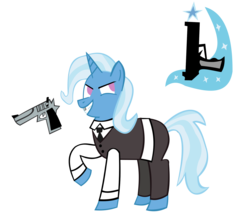 Size: 1859x1656 | Tagged: safe, artist:jewelsfriend, trixie, pony, unicorn, g4, alternate cutie mark, bullet-tooth tony, clothes, crossover, female, glare, grin, gun, handgun, levitation, magic, mare, raised hoof, simple background, smirk, snatch (movie), solo, suit, telekinesis, transparent background, vest