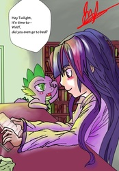 Size: 774x1110 | Tagged: safe, artist:checkeredmarionette8, spike, twilight sparkle, g4, humanized