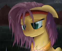 Size: 1440x1200 | Tagged: safe, artist:mattatatta, fluttershy, pony, survivor shy, g4, element of kindness, fanfic, female, messy mane, rain, sad, solo