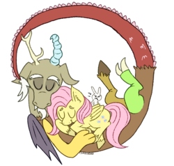 Size: 945x901 | Tagged: safe, artist:comickit, angel bunny, discord, fluttershy, draconequus, pegasus, pony, g4, cuddling, female, male, mare, ship:discoshy, shipping, simple background, transparent background