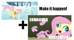 Size: 852x466 | Tagged: safe, fluttershy, g4, keep calm and flutter on, my little pony: friendship is magic, caption, ermahgerd, exploitable meme, make it happen, meta