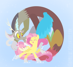 Size: 900x822 | Tagged: safe, artist:egophiliac, discord, fluttershy, draconequus, pegasus, pony, g4, closed mouth, cute, discute, duo, duo male and female, eyes closed, eyes open, female, floating, ice skates, ice skating, lineless, male, mare, mismatched horns, open mouth, open smile, shyabetes, skates, smiling, snaggletooth