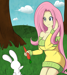 Size: 1280x1426 | Tagged: safe, artist:spikedmauler, angel bunny, fluttershy, human, g4, breasts, busty fluttershy, carrot, clothes, duo, food, humanized, shoulderless, sweater, sweatershy