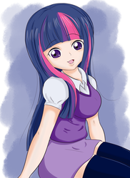 Size: 2552x3504 | Tagged: safe, artist:do-it-yourself, twilight sparkle, human, g4, clothes, female, humanized, miniskirt, skirt, socks, solo, thigh highs, thigh socks