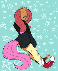 Size: 730x895 | Tagged: safe, artist:mewball, fluttershy, anthro, g4, band-aid on nose, bandage, clothes, converse, female, shoes, solo, sweater, sweatershy