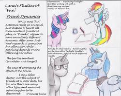 Size: 3240x2548 | Tagged: safe, artist:shadewingz, princess luna, rainbow dash, twilight sparkle, g4, comic, magic, traditional art