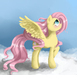Size: 900x883 | Tagged: safe, artist:rubi-one-chan, fluttershy, pegasus, pony, g4, cloud, cloudy, sky