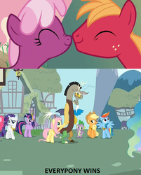 Size: 621x774 | Tagged: safe, edit, edited screencap, screencap, applejack, big macintosh, cheerilee, discord, fluttershy, rainbow dash, rarity, spike, twilight sparkle, earth pony, pony, g4, hearts and hooves day (episode), keep calm and flutter on, caption, hearts and hooves day, male, mane seven, mane six, ship:cheerimac, ship:discoshy, shipping, stallion, straight