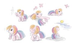 Size: 1008x612 | Tagged: safe, artist:kathy carr, toola-roola, butterfly, pony, g3, g3.5, blowing, cute, lying, lying down, sitting, sitting on a rock, wind chime