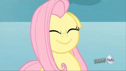 Size: 1024x577 | Tagged: safe, edit, edited screencap, screencap, fluttershy, pony, g4, keep calm and flutter on, angry, constipated, cute, eyes closed, faic, female, floppy ears, flutterfrown, hub logo, inverted mouth, shyabetes, smiling, solo