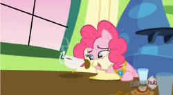 Size: 250x137 | Tagged: safe, screencap, pinkie pie, earth pony, pony, g4, keep calm and flutter on, animated, female, gravy, gravy boat, hub logo, licking, mare, mashed potatoes