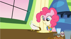 Size: 250x137 | Tagged: safe, screencap, pinkie pie, g4, keep calm and flutter on, animated, female, gravy, gravy boat, hub logo, mashed potatoes
