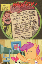 Size: 338x511 | Tagged: safe, edit, edited screencap, screencap, apple bloom, scootaloo, family appreciation day, g4, batman, erection, stalkerloo, telescope, the joker