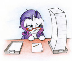 Size: 1942x1652 | Tagged: safe, artist:agamnentzar, rarity, pony, g4, female, glasses, messy mane, solo, tired, traditional art, working