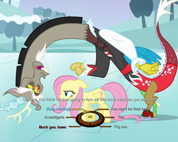 Size: 750x600 | Tagged: safe, edit, edited screencap, screencap, discord, fluttershy, g4, keep calm and flutter on, dialogue wheel, ice skates, ice skating, mass effect, skates