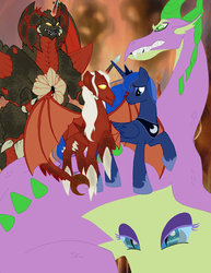 Size: 1024x1326 | Tagged: safe, nightmare moon, princess luna, spike, kaiju, kaiju pony, g4, crossover, destoroyah, godzilla (series), ponified, spikezilla