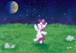 Size: 1536x1077 | Tagged: safe, artist:catscratchpaper, moondancer (g1), pony, g1, g4, bipedal, dancing, g1 to g4, generation leap, mare in the moon, moon, night, stars