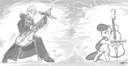 Size: 1500x778 | Tagged: safe, artist:johnjoseco, octavia melody, g4, cello, crossover, demyx, disney, grayscale, kingdom hearts, monochrome, musical instrument, sitar