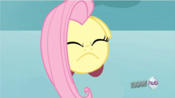 Size: 1366x768 | Tagged: safe, edit, edited screencap, screencap, fluttershy, puffball, g4, keep calm and flutter on, season 3, eyes closed, female, floppy ears, flutterfrown, frown, kirby, kirby (series), kirby fluttershy, kirbyfied, solo