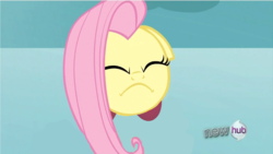 Size: 1366x768 | Tagged: safe, edit, edited screencap, screencap, fluttershy, puffball, g4, keep calm and flutter on, season 3, eyes closed, female, floppy ears, flutterfrown, frown, kirby, kirby (series), kirby fluttershy, kirbyfied, solo, species swap