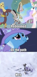 Size: 428x874 | Tagged: safe, discord, gilda, princess celestia, trixie, griffon, g4, keep calm and flutter on, hilarious in hindsight, image macro, meta