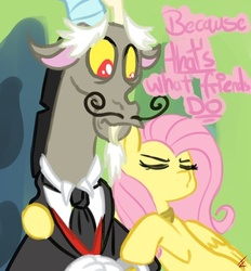 Size: 500x539 | Tagged: safe, artist:crade, discord, fluttershy, g4, keep calm and flutter on, moustache, scene interpretation