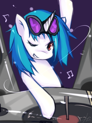 Size: 600x800 | Tagged: safe, artist:hua, dj pon-3, vinyl scratch, pony, g4, female, solo, turntable, wink