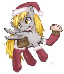 Size: 685x785 | Tagged: safe, artist:hua, derpy hooves, pegasus, pony, g4, christmas, clothes, female, hat, mailbag, mare, muffin, santa hat, simple background, socks, solo, transparent background