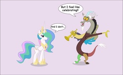 Size: 2783x1718 | Tagged: safe, artist:paulbalkony, discord, princess celestia, alicorn, draconequus, pony, g4, crown, dialogue, discord being discord, female, frown, hoof shoes, jewelry, male, mare, peytral, pink background, q, regalia, simple background, speech bubble, star trek