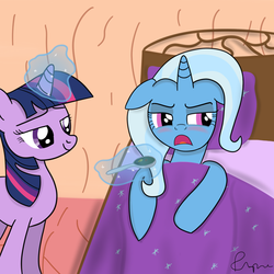 Size: 900x900 | Tagged: safe, artist:fipse, trixie, twilight sparkle, g4, bed, blanket, blushing, embarrassed, female, lesbian, magic, medicine, ship:twixie, shipping, sick, telekinesis