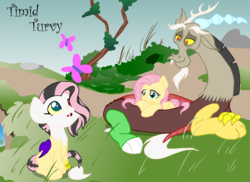 Size: 2292x1667 | Tagged: safe, artist:inkwell, discord, fluttershy, oc, oc:timid turvy, butterfly, draconequus, hybrid, g4, draconequus oc, female, interspecies offspring, male, offspring, parent:discord, parent:fluttershy, parents:discoshy, ship:discoshy, shipping, straight