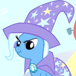 Size: 720x720 | Tagged: safe, screencap, trixie, pony, unicorn, boast busters, g4, season 1, angry, cape, clothes, female, frown, glare, great and powerful scrunchy, hat, mare, nose wrinkle, scrunchy face, solo, trixie's cape, trixie's hat