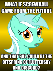 Size: 625x836 | Tagged: safe, lyra heartstrings, pony, unicorn, g4, bust, conspiracy lyra, exploitable meme, female, image macro, implied discoshy, implied screwball, implied shipping, implied straight, male, meme, solo, text