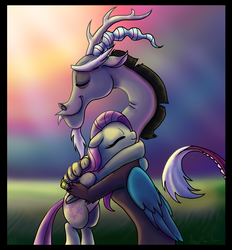 Size: 2934x3164 | Tagged: safe, artist:dawnmistpony, discord, fluttershy, g4, bipedal, duo, eyes closed, female, heartwarming, high res, hug, male