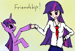 Size: 866x595 | Tagged: safe, artist:randomtwifag, twilight sparkle, human, g4, duality, hoofbump, human ponidox, humanized