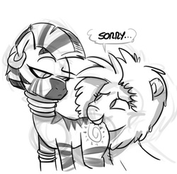 Size: 553x545 | Tagged: safe, leo (g4), zecora, earth pony, pony, zebra, g4, biting, butt bite, dreamworks, duo, female, furry confusion, leo, madagascar (dreamworks), mare, monochrome, ponies wanting to eat meat, ponyscopes, reference, this will end in pain, unamused, zecora is not amused, zodiac