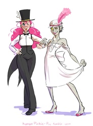 Size: 1280x1737 | Tagged: safe, artist:glasmond, discord, pinkie pie, ask human pinkie pie, g4, bowtie, crossdressing, femboy discord, flapper, garçonne, high heels, humanized, skinny, thin