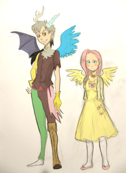 Size: 709x967 | Tagged: safe, artist:esmaelj, discord, fluttershy, g4, blushing, clothes, dress, horn, horned humanization, humanized, skinny, thin, winged humanization