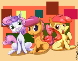 Size: 2772x2170 | Tagged: safe, artist:siberwar, apple bloom, scootaloo, sweetie belle, earth pony, pegasus, pony, unicorn, g4, cutie mark crusaders, female, filly, grin, looking at you, smiling, tongue out