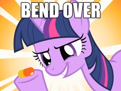 Size: 960x720 | Tagged: safe, edit, edited screencap, screencap, twilight sparkle, pony, unicorn, a bird in the hoof, g4, bend over, caption, cropped, female, image macro, implied anal insertion, implied insertion, mare, pill, pills, solo, sunburst background, suppository