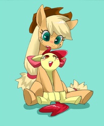 Size: 700x850 | Tagged: safe, artist:8->, apple bloom, applejack, g4, pixiv, sisters