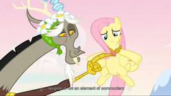 Size: 1024x577 | Tagged: safe, screencap, discord, fluttershy, draconequus, pegasus, pony, g4, keep calm and flutter on, captain obvious, communism, element of kindness, female, flying, hat, male, mare, religion, youtube caption