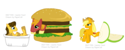 Size: 900x360 | Tagged: safe, applejack, big macintosh, caramel, earth pony, pony, g4, apple, burger, food, male, mcdonald's, stallion