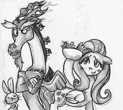 Size: 1280x1137 | Tagged: dead source, safe, artist:buttercupsaiyan, angel bunny, discord, fluttershy, g4, bow, female, food, grayscale, hair bow, male, monochrome, salad
