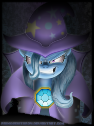 Size: 696x932 | Tagged: safe, artist:primogenitor34, trixie, g4, cape, clothes, dark, evil grin, hat, silhouette, wizard hat