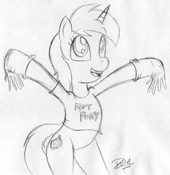 Size: 900x927 | Tagged: safe, artist:amigodan, lyra heartstrings, pony, g4, bipedal, clothes, female, gloves, happy, humie, monochrome, shirt, solo, that pony sure does love hands