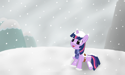 Size: 3750x2250 | Tagged: safe, artist:taucannon, twilight sparkle, pony, g4, clothes, female, filly, saddle, scarf, snow, snowfall, solo