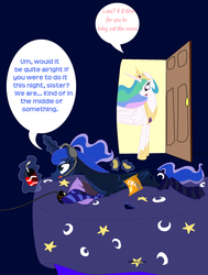 Size: 1024x1357 | Tagged: safe, artist:xxthatsmytypexx, princess celestia, princess luna, pony, gamer luna, g4, bed, chips, controller, dialogue, female, food, headset, magic, prone, royal sisters, siblings, sisters, soda, speech bubble, telekinesis