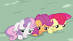 Size: 1280x720 | Tagged: safe, screencap, apple bloom, scootaloo, sweetie belle, earth pony, pony, g4, one bad apple, cute, cutie mark crusaders, sad