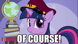 Size: 960x540 | Tagged: safe, twilight sparkle, pony, g4, caption, female, hat, image macro, looking at you, m. bison, nostalgia critic, of course, raised hoof, reaction image, smiling, solo, street fighter: the movie, tyrant sparkle